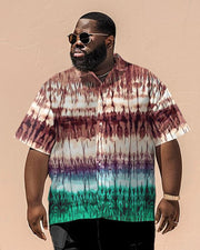 Men's Plus Size Business Simple Contrast Color Gradient Tie Dye Printing Short Sleeve Shirt Suit