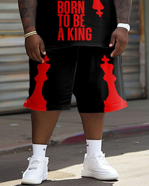 Men's Plus Size Street Fashion Colorblock King Alphabet Print T-Shirt Shorts Suit