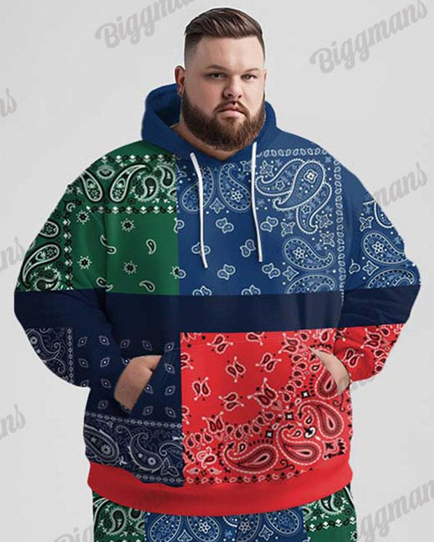 Men's Street Fashion All-match Paisley Splicing Print Plus Size Hoodie Suit