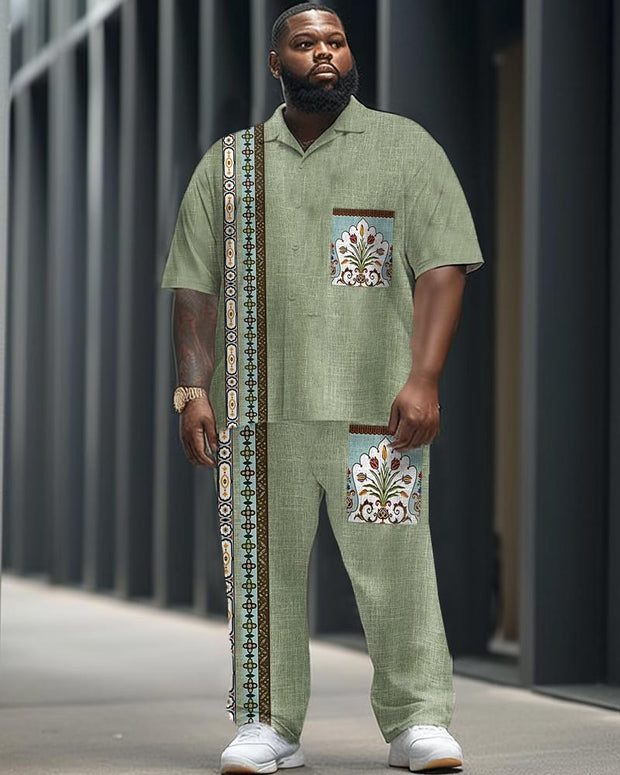 Ethnic Style Flower Short-sleeved Shirt Trousers Men's Plus-size Suit