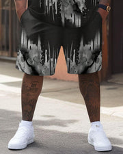 Men's Plus Size Street Casual Black And White Art Tiger Print T-Shirt Shorts Suit