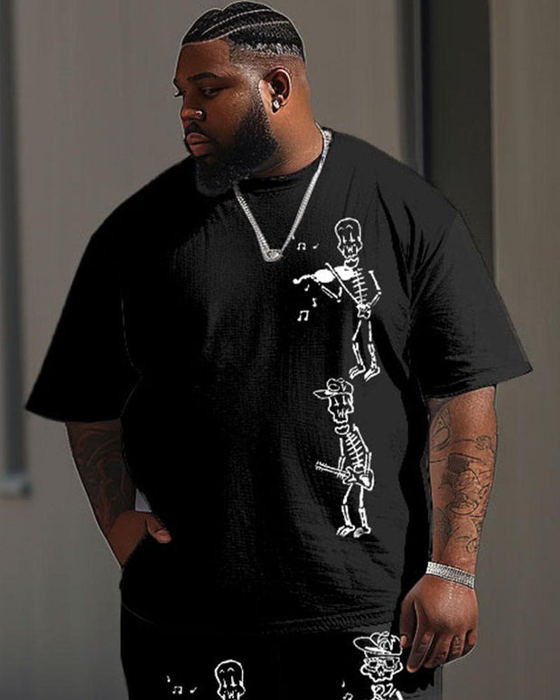 Men's Plus Size Street Casual Hand-painted Skull Music Printed T-shirt Trousers Suit