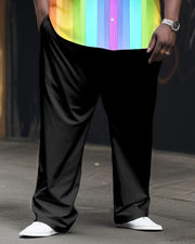 Men's Plus Size Street Fashion Rainbow Striped Long Sleeve Shirt Trousers Suit