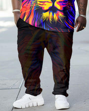 Men's Plus Size Street Fashion Abstract Graffiti Lion Print T-Shirt Trousers Suit