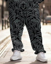 Men's Classical Retro Full Pattern Black Plus Size Hoodie Suit