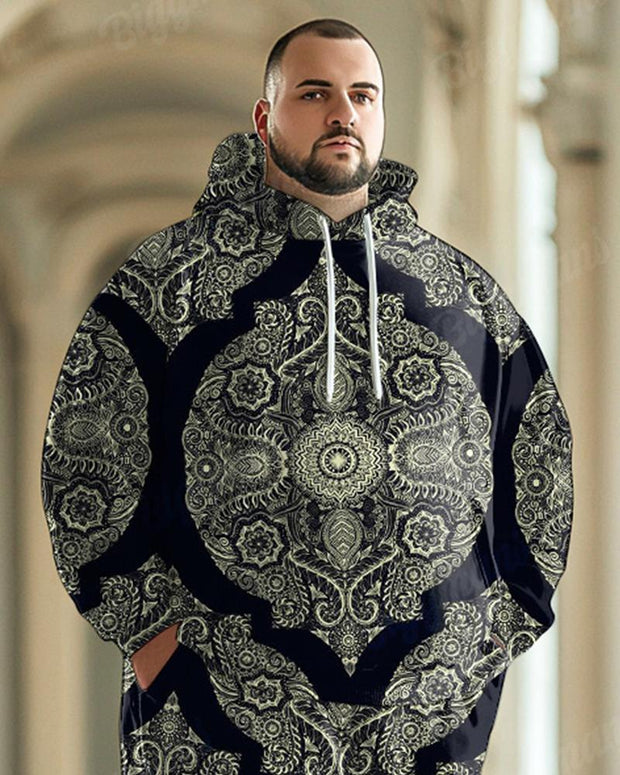 Men's Classical Retro Large Pattern Black Plus Size Hoodie Suit