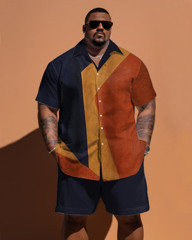 Men's Large Size Simple Geometric Colorblock Pattern Short Sleeve Shirt Shorts Set