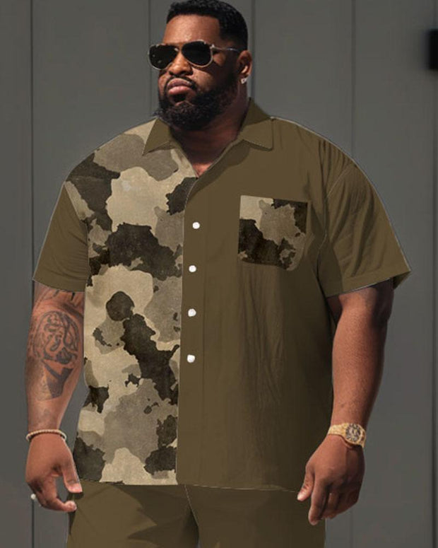 Men's Plus Size Simple Casual Retro Camouflage Colorblock Printed Pocket Shirt Shorts Suit