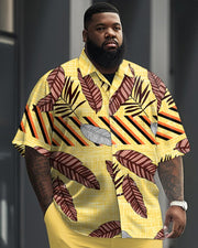 Men's Plus Size Business Casual Leaf Twill Print Short Sleeve Shirt Suit