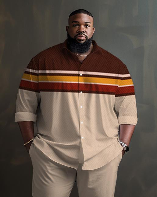 Men's Plus Size Simple Stripes with Contrasting Colors Long Sleeve Lapel 2 Shirt Set