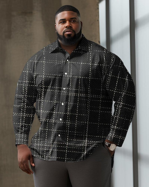 Men's Large Size Casual Simple plaid Patterns Lapel Long Sleeve Shirt