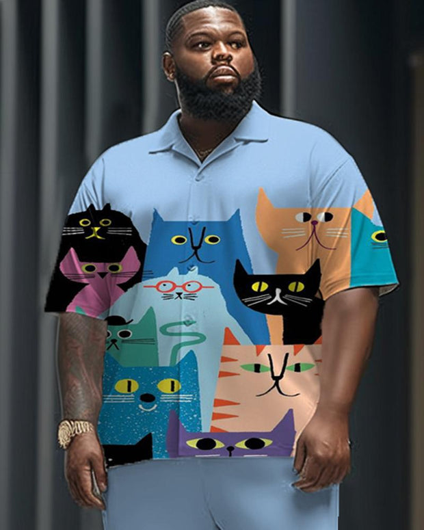 Colorful Art Cat Print Short Sleeve Shirt and Trousers Men's Plus-size Suit