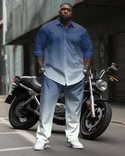 Men's Plus Size Versatile Single Color Gradient Long Sleeve Lapel Shirt 2 Piece Set