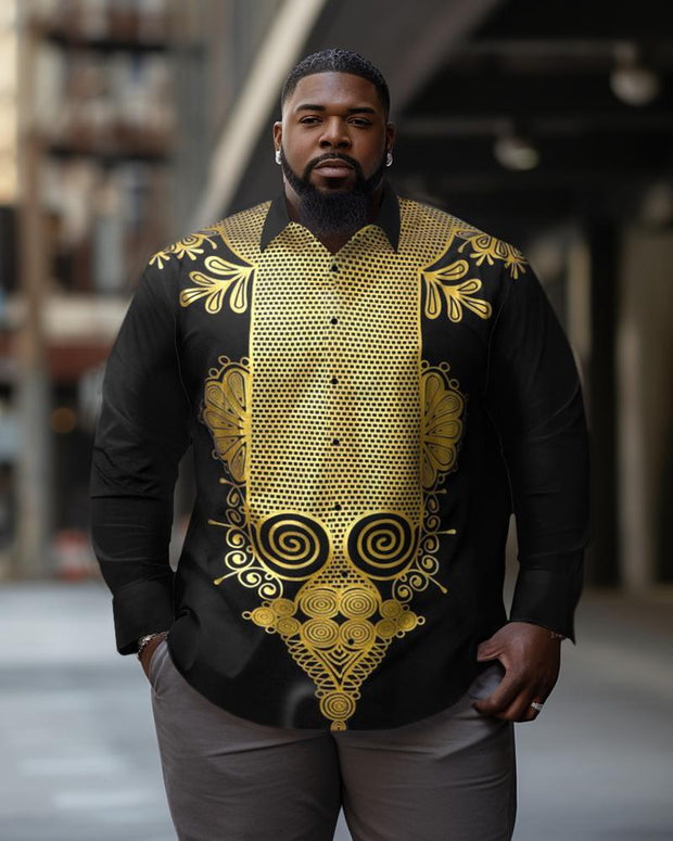 Men's Large Size Ethnic Style Black Gold Totem Long Sleeve Lapel Long Sleeve Shirt