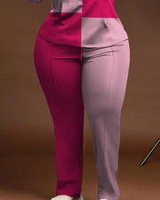 Women's Plus Size Pink Color Block Splicing Hoodie Set