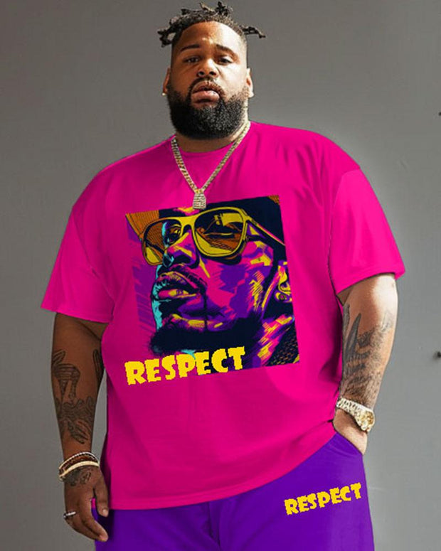 Men's Plus Size Street Fashion Pop Art Respect Alphabet Print T-Shirt Shorts Suit Respect