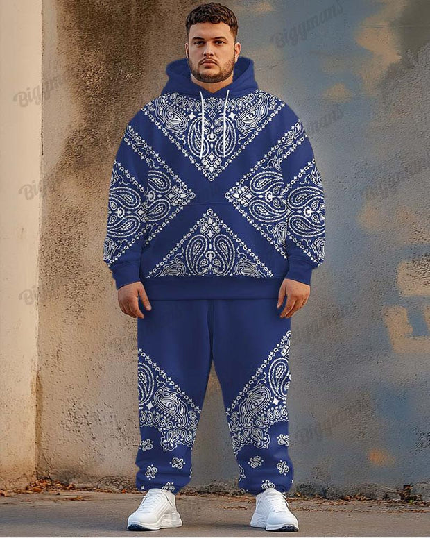 Men's Street Fashion Versatile Blue Paisley Geometric Print Plus Size Hoodie Suit