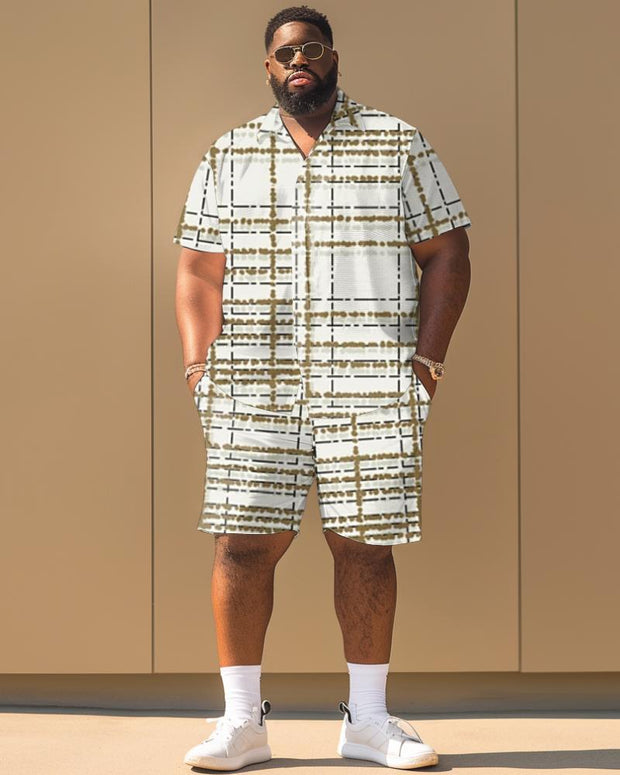 Men's Plus Size Line Print Short Sleeve Shirt Shorts Suit
