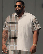 Men's Plus Size Simple Casual Plaid Colorblock Printed Shirt Shorts Suit