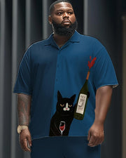 Wine Art Cat Print Short Sleeve Shirt and Trousers Men's Plus-size Suit