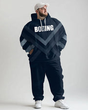 Mens Daily Casual Blue Striped Boxing Alphabet Print Plus Size Hoodie Suit