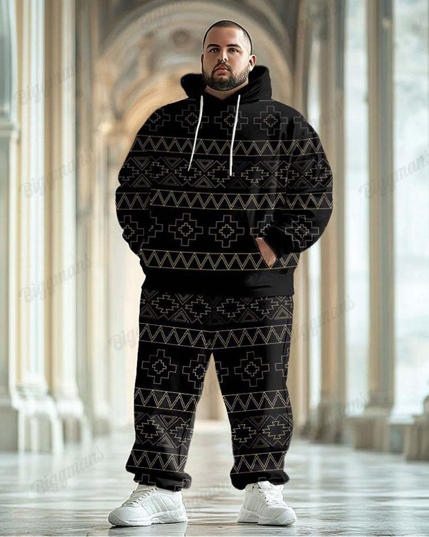 Men's Classical Geometric Pattern Black Plus Size Hoodie Suit