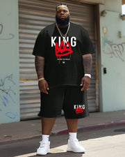 Men's Plus Size Casual Graffiti Crown King Alphabet Print T-Shirt Shorts Suit