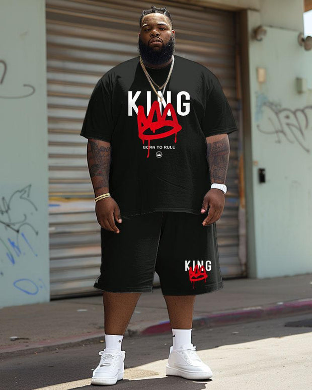 Men's Plus Size Casual Graffiti Crown King Alphabet Print T-Shirt Shorts Suit