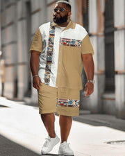Men's Plus Size Simple Casual Ethnic Pattern Colorblock Printed Shirt Shorts Suit