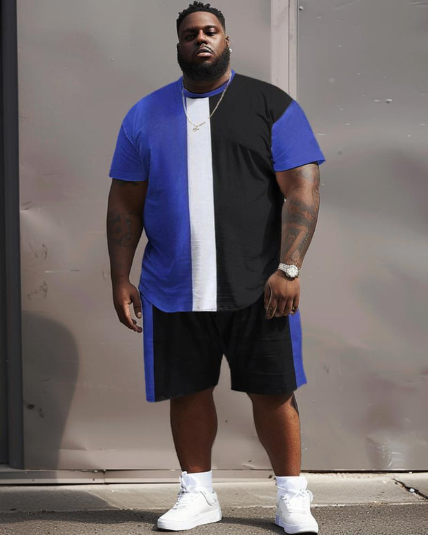 Men's Plus Size Blue Black and White Vertical Stripes T-Shirt Shorts Suit