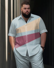 Men's Large Simple Colorblock Printed Short-sleeved Shirt Suit