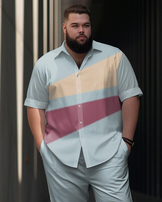 Men's Large Simple Colorblock Printed Short-sleeved Shirt Suit