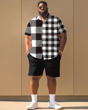 Men's Plus Size Classic Plaid Stitching Print Short Sleeve Shirt Shorts Suit