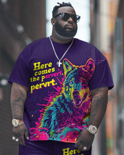 Men's Plus Size Street Fashion Funny "Colored Wolf" Printed T-Shirt Pants Suit