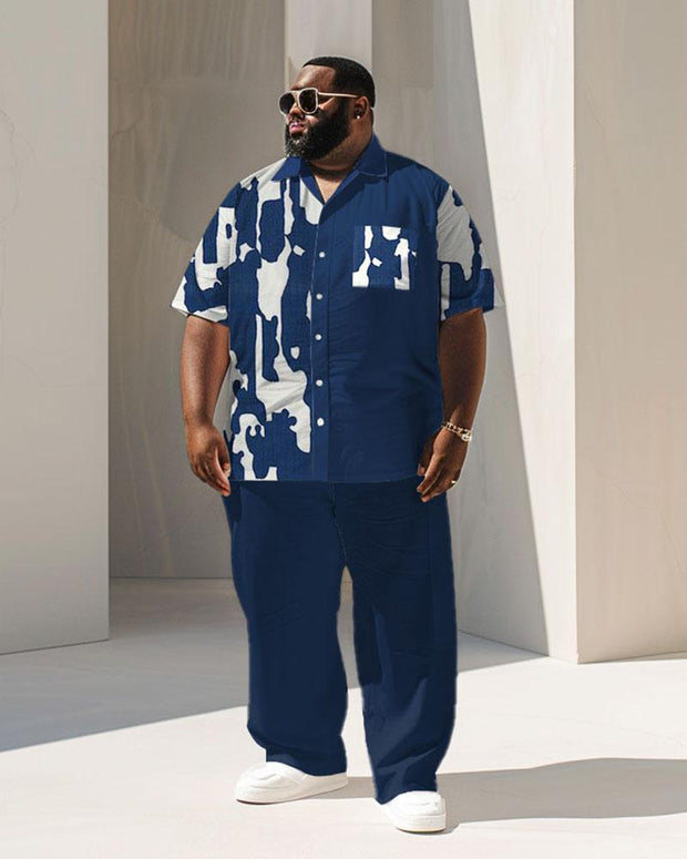 Men's Plus Size Business Simple Geometric Print Pocket Short Sleeve Shirt Suit