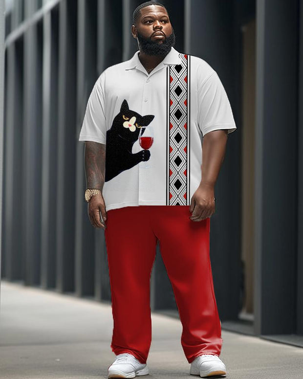 Color Contrast Cat Print Short-sleeved Shirt and Trousers Men's Plus-size Suit