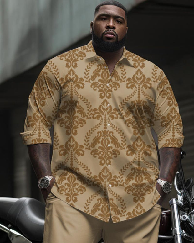 Men's Plus Size High-grade Same Color Retro Pattern Printed Long-sleeve Lapel Shirt 2-piece Set