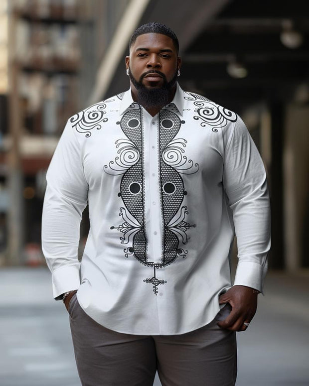 Men's Plus Size Ethnic Style White Pattern Long Sleeve Lapel Long Sleeve Shirt
