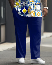 Men's Plus Size Business Casual Vintage Pattern Printed Short Sleeve Shirt Trousers Suit