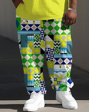 Men's Casual Large Geometric Trendy Pattern Printed T-shirt Pants Suit