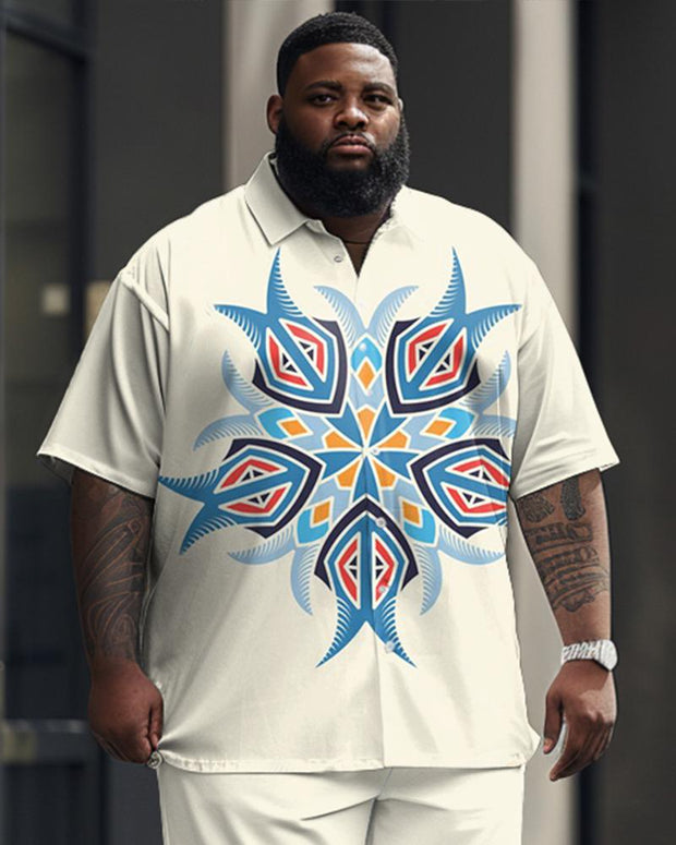 Men's Plus Size Business Geometric Flower Print Short Sleeve Shirt Suit