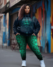 Women's Plus Size Green Gradient Mandala Hoodie Set