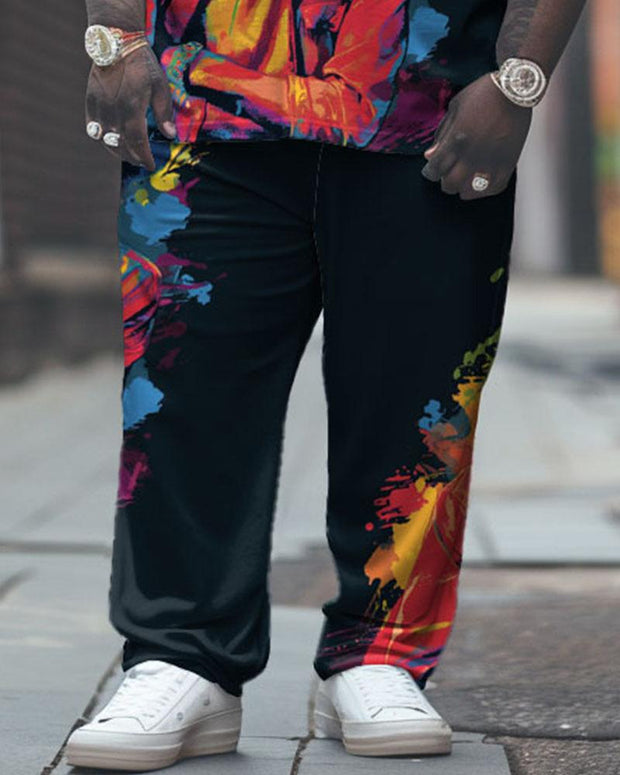 Men's Plus Size Street Fashion Abstract Graffiti Tribute Singer Print T-Shirt Trousers Suit