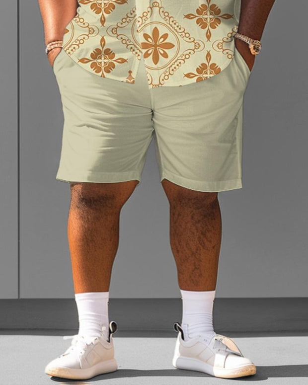 Men's Plus Size Retro Pattern Short Sleeve Shirt Shorts Suit