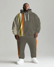 Men's Daily Casual All-Match Grey Green Striped Print Plus Size Hoodie Suit