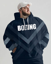 Mens Daily Casual Blue Striped Boxing Alphabet Print Plus Size Hoodie Suit