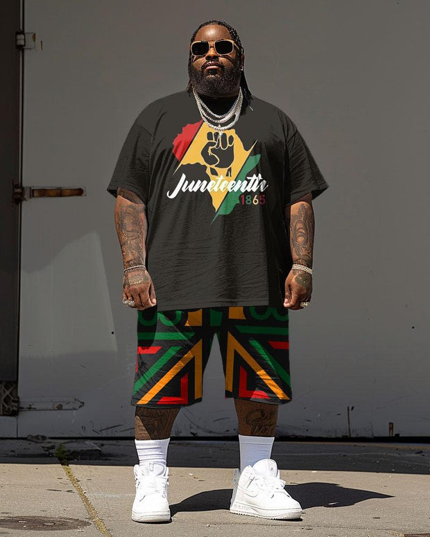 Men's Plus Size Juneteenth Black History Month Geometric Print T-Shirt Shorts Suit