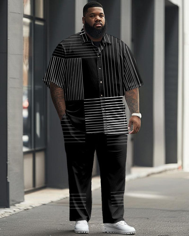 Men's Plus Size Business Irregular Geometric Stripe Print Short Sleeve Shirt Suit
