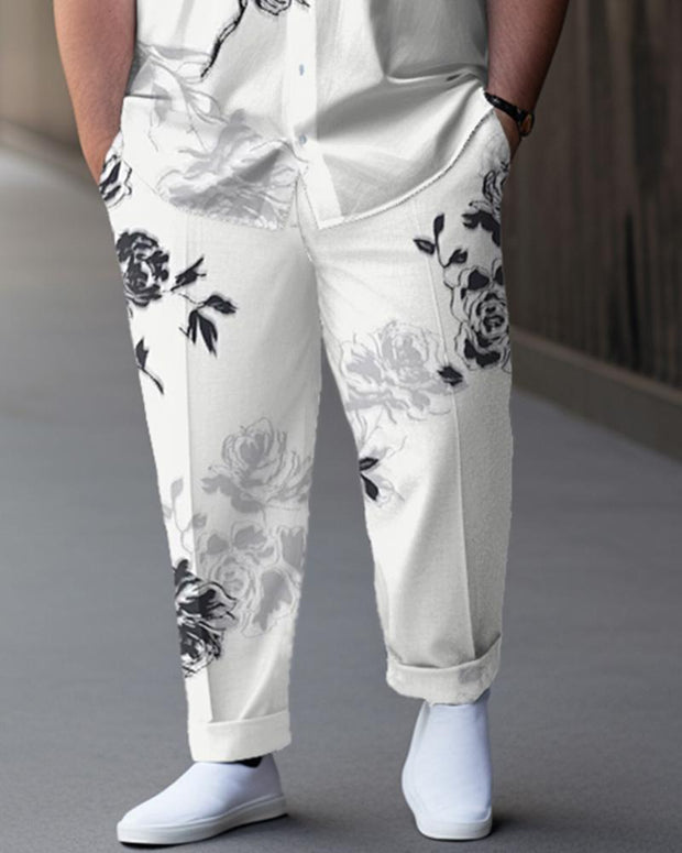 Men's Plus Size Casual Phantom Rose Print Short Sleeve Shirt Trousers Suit
