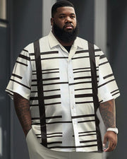 Men's Plus Size Simple Geometric Stripe Colorblock Print Short-sleeved Shirt Suit